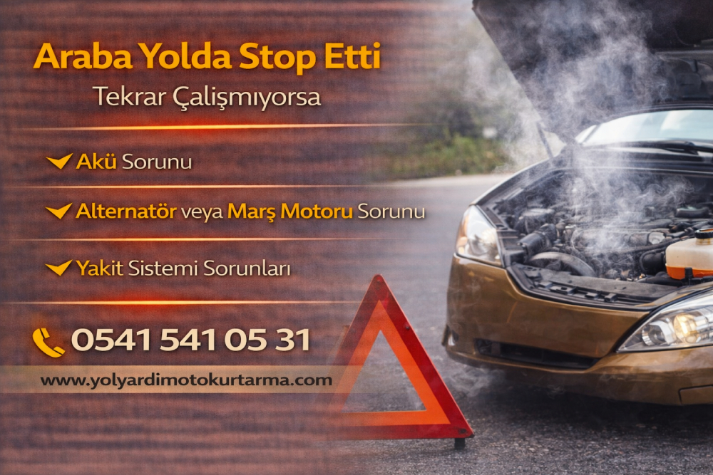 Araba yolda stop ettiğinde tekrar çalışmaması durumunda yaşanan arızaları ve yol yardım gerekliliğini gösteren bilgilendirici oto çekici görseli