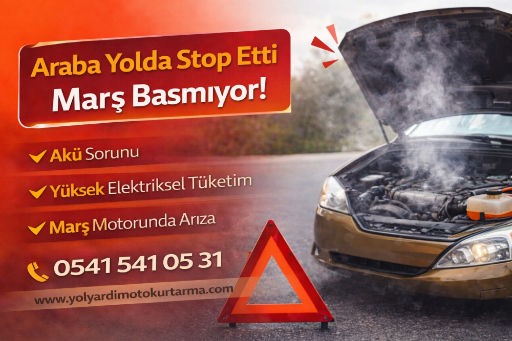 Araba yolda stop ettiğinde marş basmaması durumunda yaşanan arızaları ve oto yol yardım gerekliliğini gösteren bilgilendirici görsel