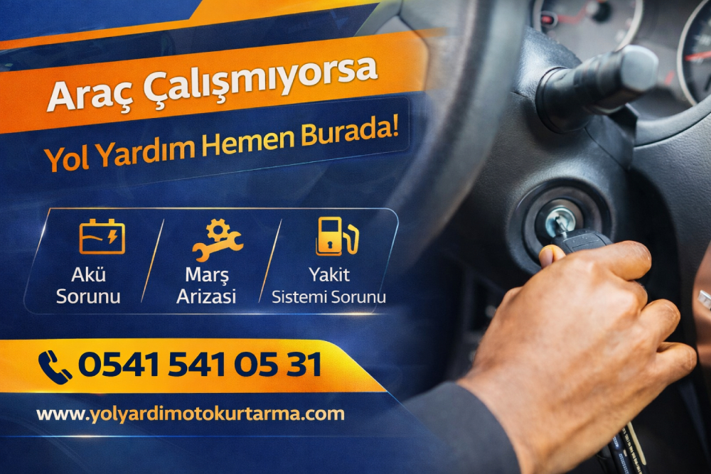 Araba yolda stop ettikten sonra marş basmayan araçta yaşanan arızaları ve oto yol yardım çağırma ihtiyacını gösteren bilgilendirici görsel