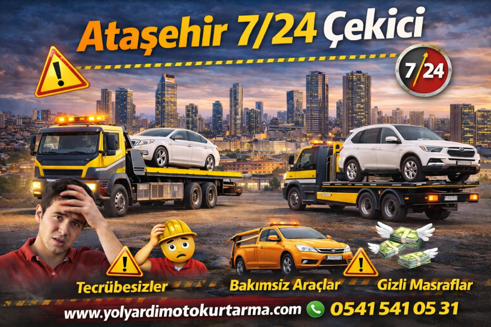 Ataşehir 7/24 çekici hizmeti veren yol yardım aracının arızalı otomobili güvenli şekilde taşımasını gösteren oto çekici görseli