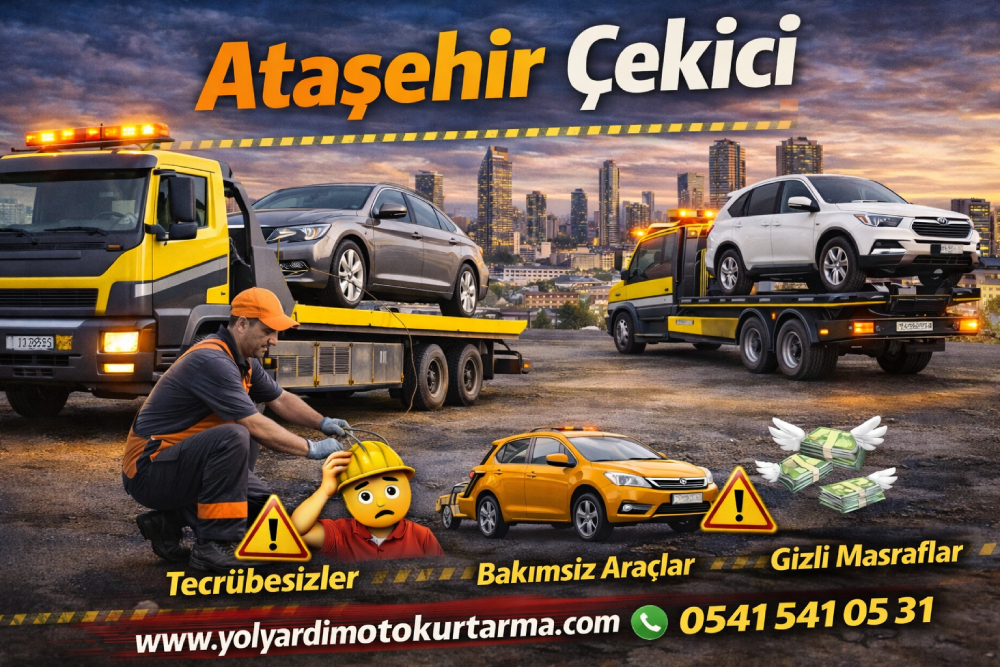 Ataşehir çekici hizmeti veren oto kurtarma aracının arızalı otomobili güvenli şekilde taşımasını gösteren oto çekici görseli