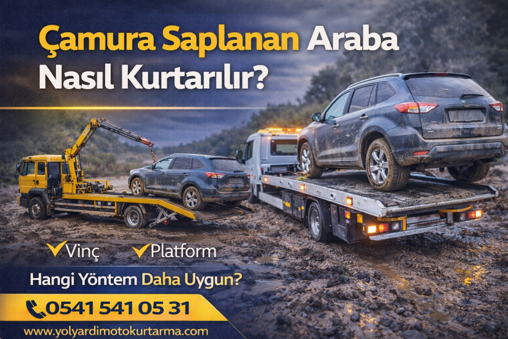 Çamura saplanan arabanın vinç ve platform çekici ile oto kurtarma çalışması