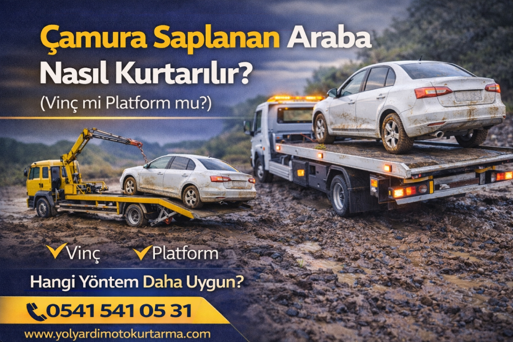 Çamura saplanan aracın platform çekici ve vinç ile oto kurtarma çalışması