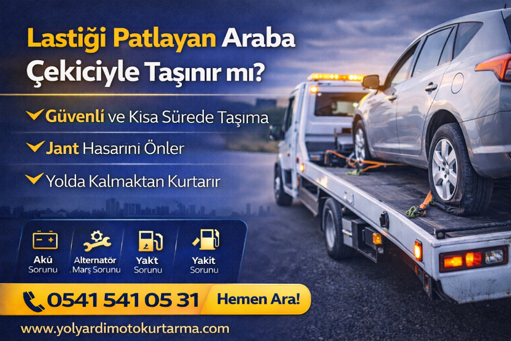 Lastiği patlayan arabanın oto çekici ile güvenli şekilde taşındığı yol yardım oto kurtarma hizmeti görseli