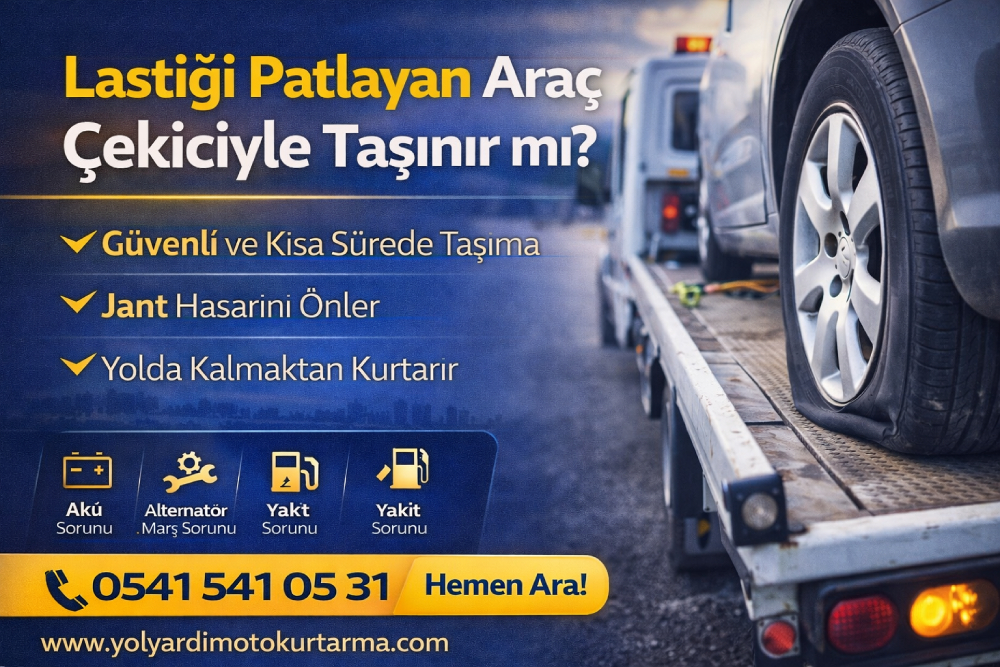 Lastiği patlayan aracın çekiciyle güvenli şekilde taşındığı yol yardım oto kurtarma hizmeti görseli