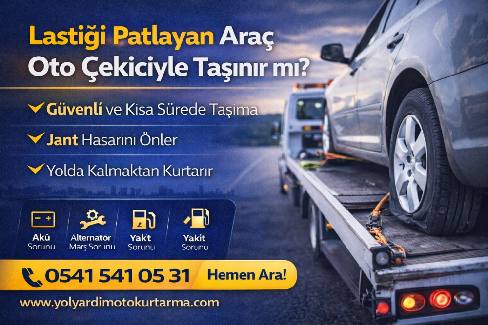 Lastiği patlayan aracın oto çekici ile güvenli şekilde taşındığı yol yardım oto kurtarma hizmeti görseli