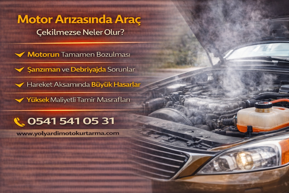 Motor arızasında araç çekilmezse oluşabilecek ciddi mekanik hasarları gösteren oto yol yardım bilgilendirici görsel