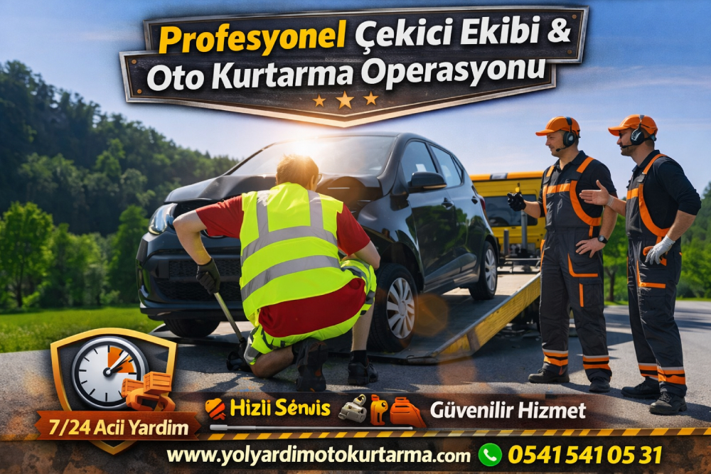 Profesyonel çekici ekibi ve oto kurtarma operasyonu