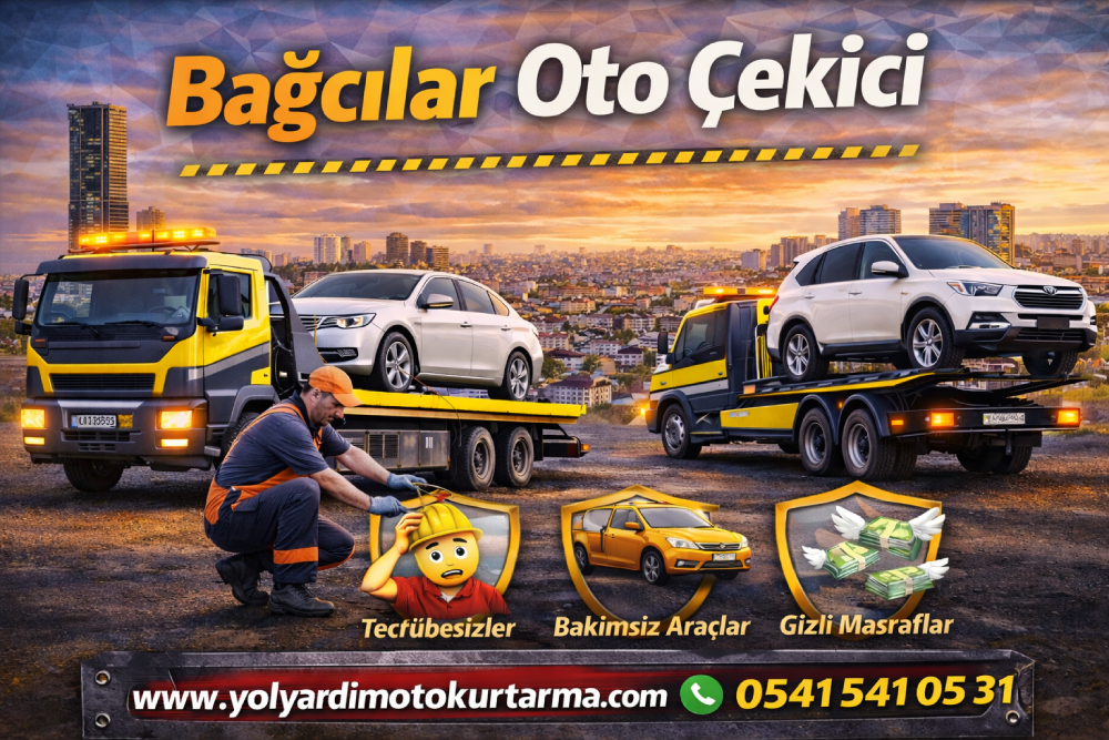 Bağcılar oto çekici hizmeti veren yol yardım aracının arızalı otomobili güvenli şekilde taşımasını gösteren oto çekici görseli
