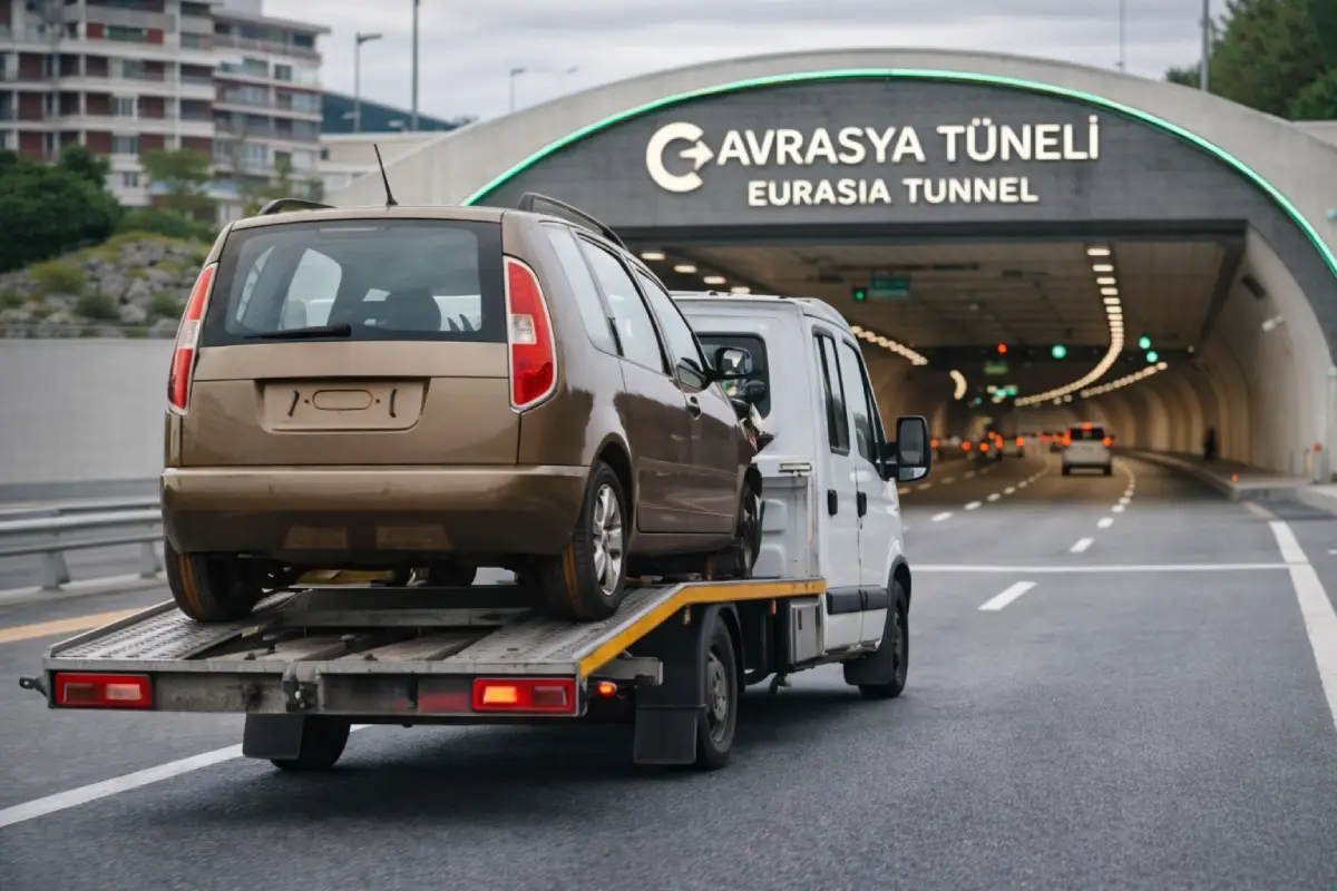 Avrasya Tüneli çekici hizmeti tünel girişinde araç taşıyan oto kurtarma ve yol yardım aracı