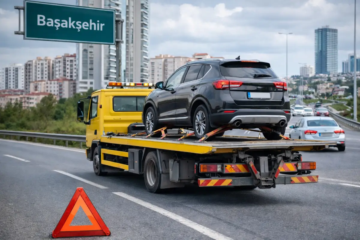 Başakşehir’de oto çekici arızalanan aracı çekici platformuna yükleyerek taşıyor