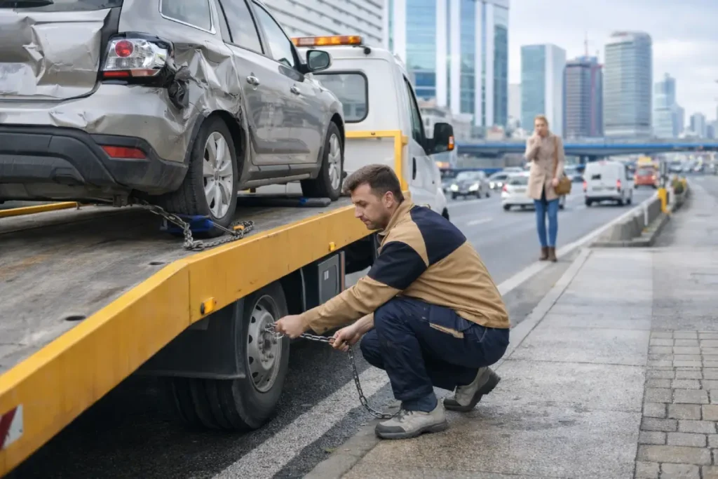 Basın Ekspres Yolu oto çekici hizmeti araç yükleme ve yol yardım işlemi yapan ekip