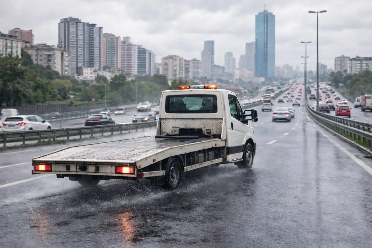 E5 karayolunda oto çekici arızalanan aracı taşıyor E5 oto çekici yol yardım ve araç kurtarma hizmeti