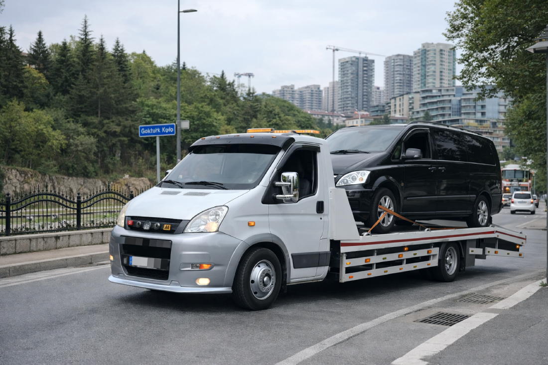 Göktürk oto çekici aracı ile arızalı otomobilin İstanbul Göktürk bölgesinde 7/24 güvenli şekilde taşınması