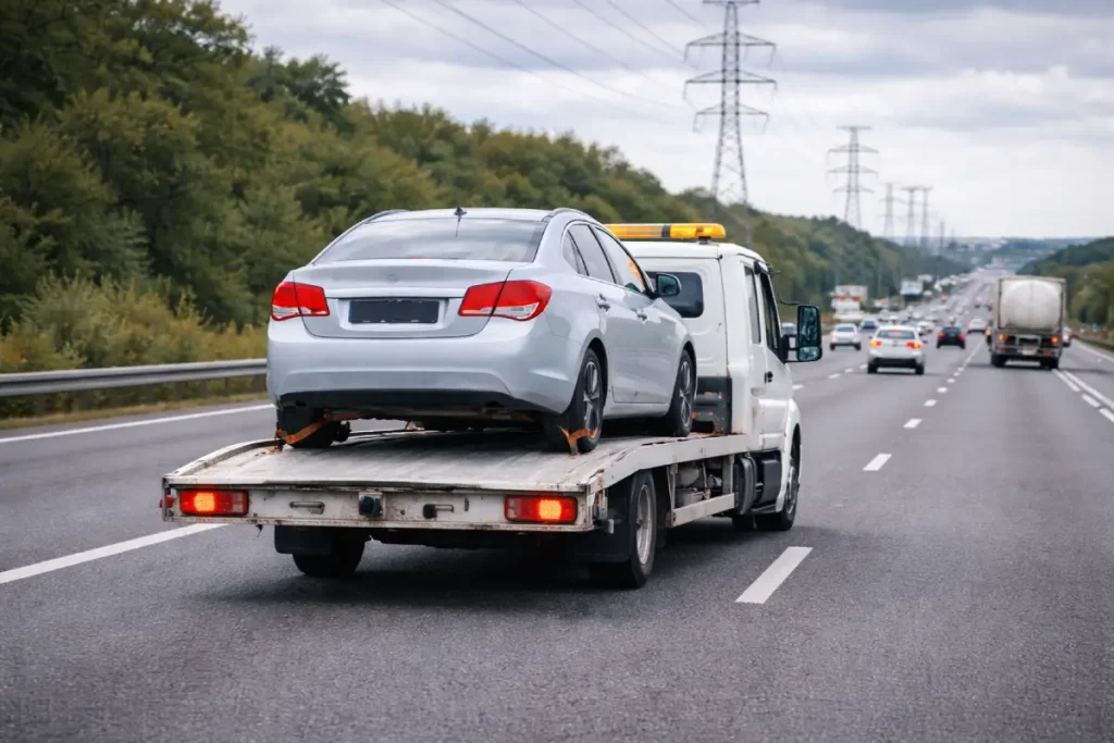 TEM otoyolu çekici fiyatları için oto çekici aracı arızalı aracı platformda taşıyor TEM otoyolu yol yardım ve araç kurtarma hizmeti