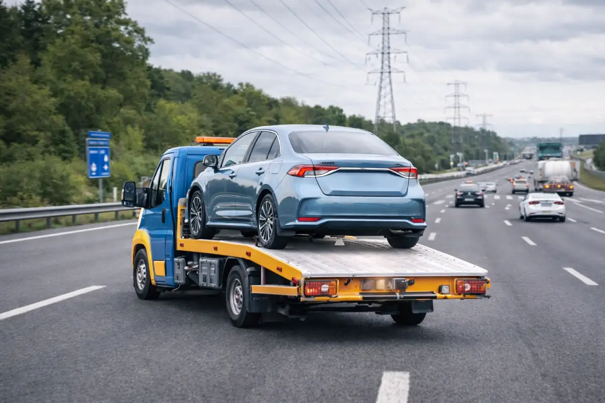 TEM otoyolunda oto çekici arızalanan aracı platformlu çekici ile taşıyor TEM otoyolu yol yardım ve araç kurtarma hizmeti