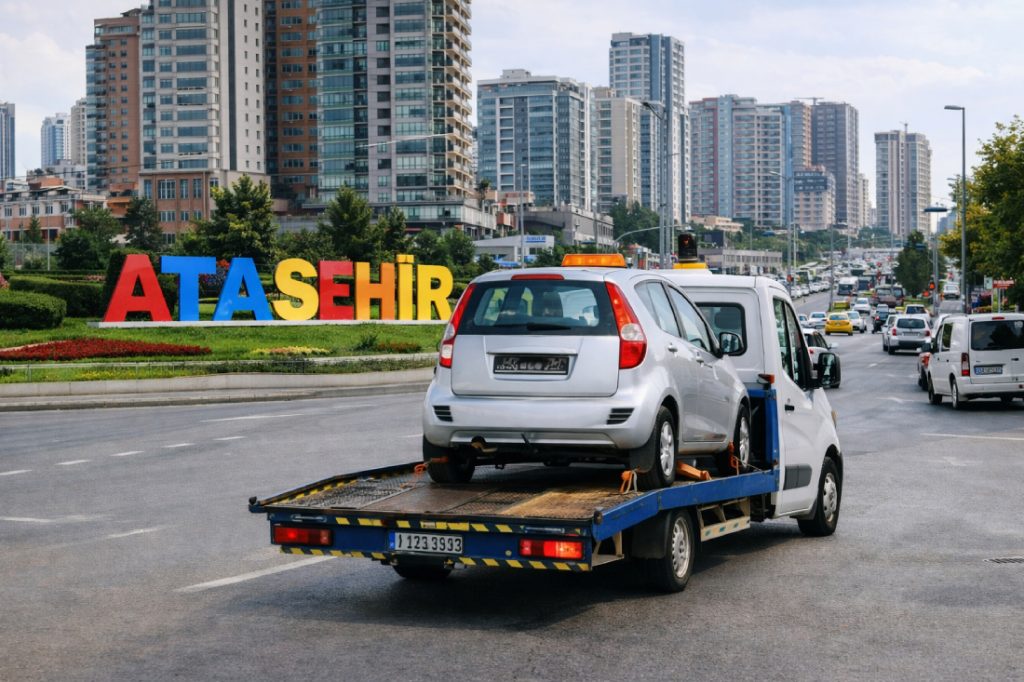 Ataşehir’de çekici hizmeti veren oto kurtarma aracı ile arızalı otomobilin güvenli şekilde taşınması – 7/24 yol yardım