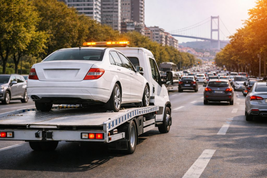 İstanbul çekici aracı ile arızalı otomobilin şehir trafiğinde güvenli şekilde taşınması – 7/24 yol yardım hizmeti